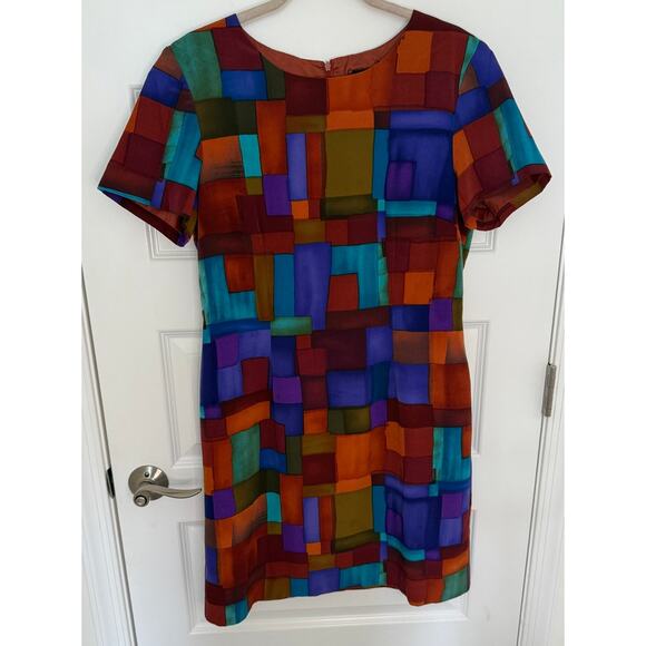 John Roberts Color Block Geometric Dress Sz 12 Shoulder Pads Vintage Mod - Picture 1 of 5